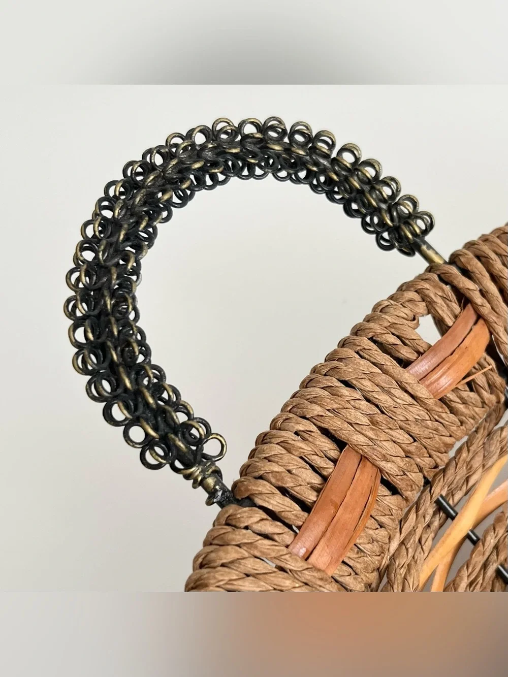 Vintage Handwoven Round Basket Wire Handles Mixed Material 11